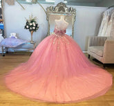 Off-Shoulder Pink Tulle Quinceanera Dress with Floral Applique & Beaded Sparkle Perfect for Sweet 16 & Birthday Galas